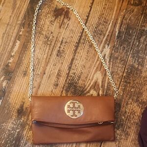 Tory Burch Brown Gold Clutch with Convertible Chain